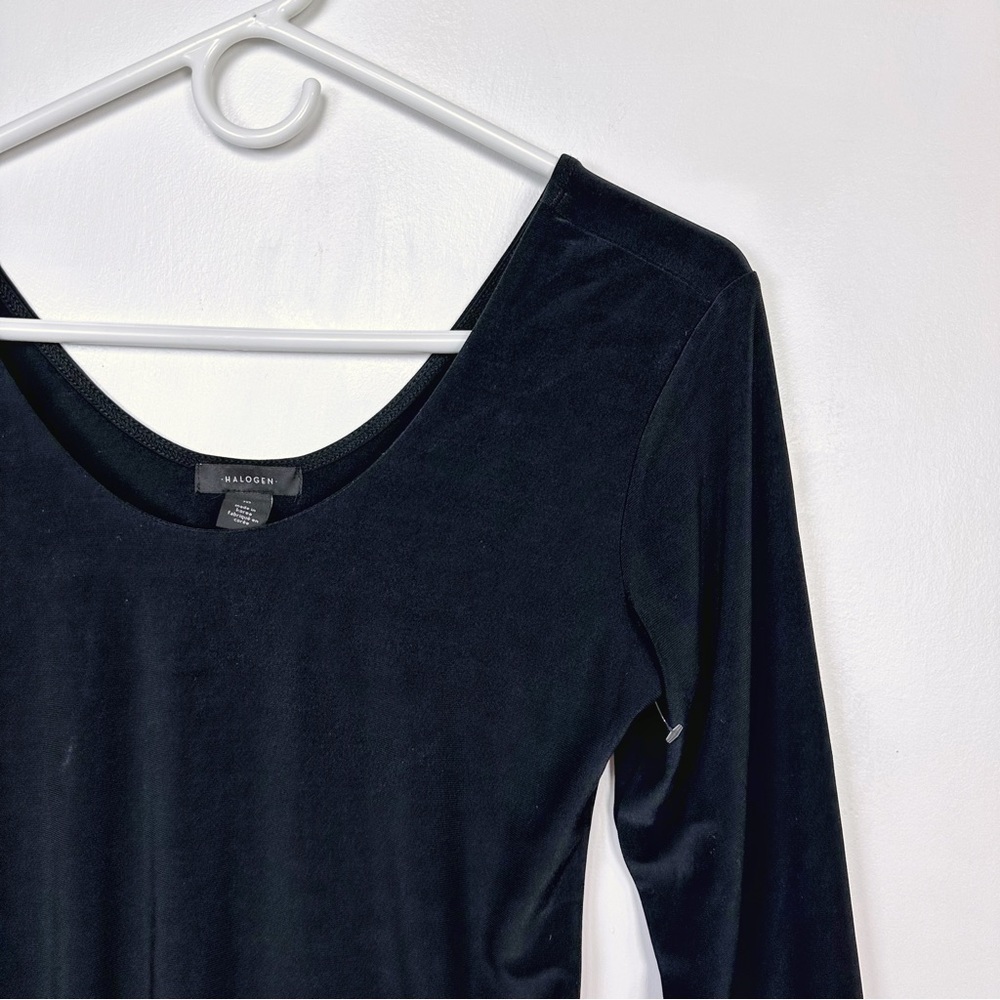 Halogen Black Jersey Stretch Knit Long Sleeve Double Scoop Bodysuit Size M - Picture 4 of 10